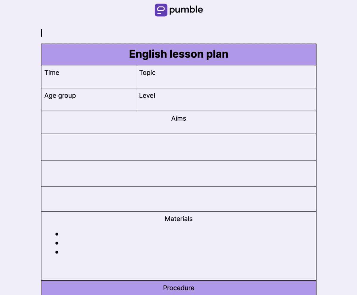 English lesson plan template