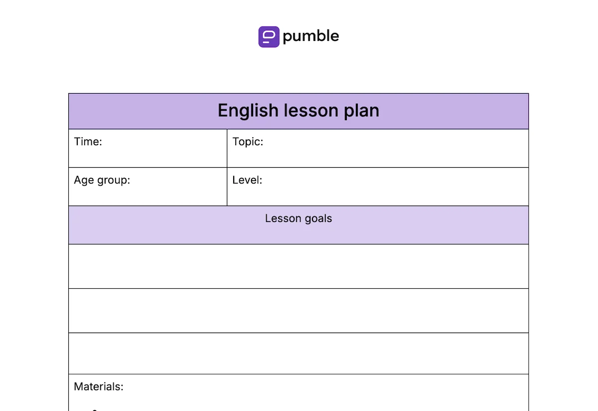 English lesson plan template