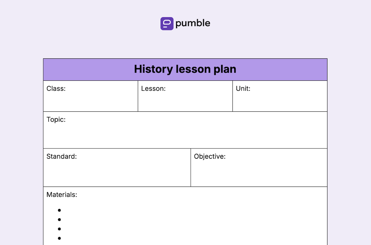 History lesson plan template