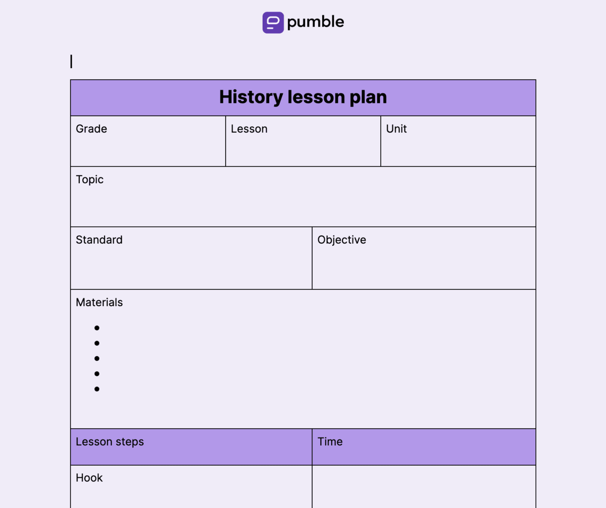 History lesson plan template