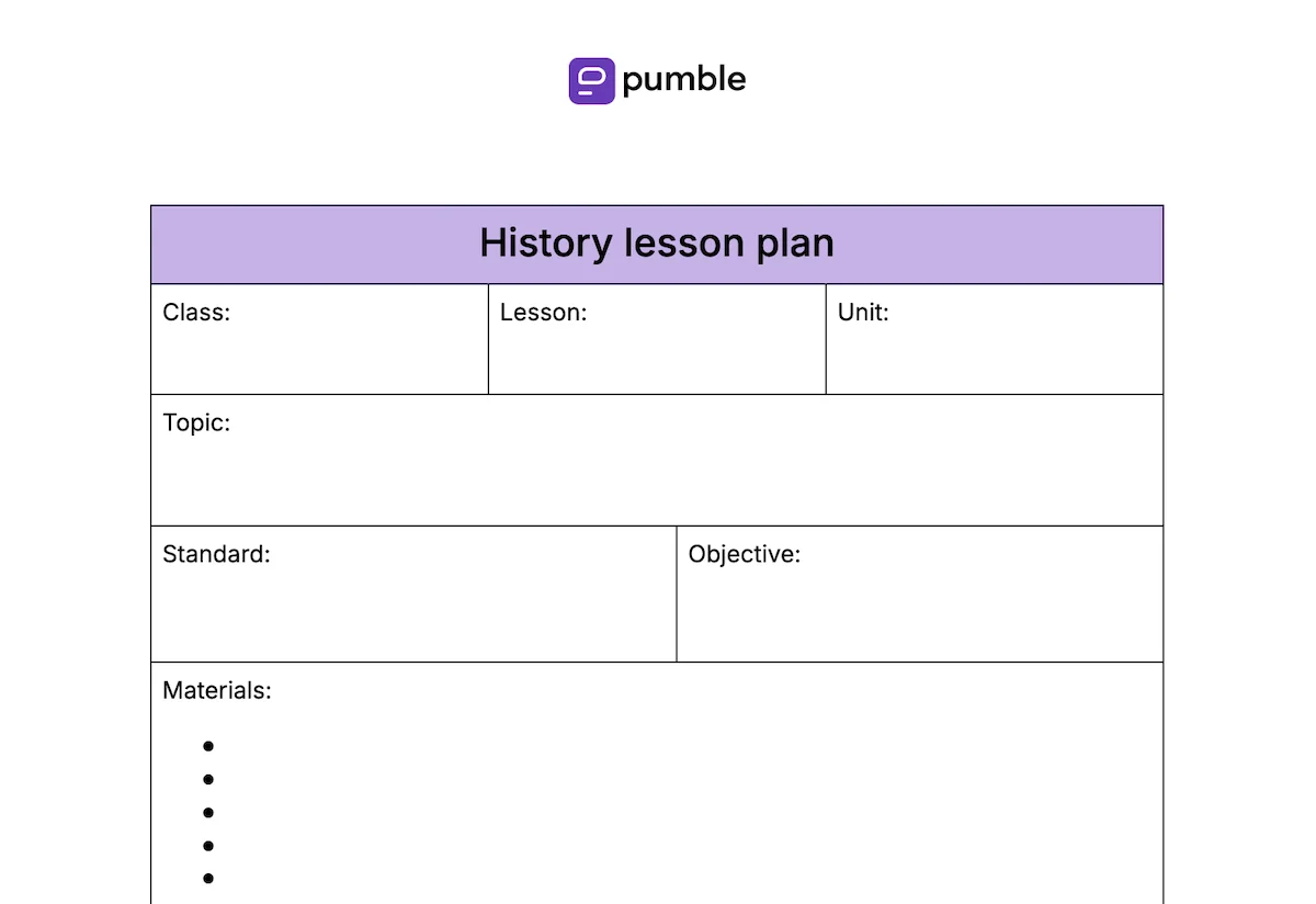 History lesson plan template