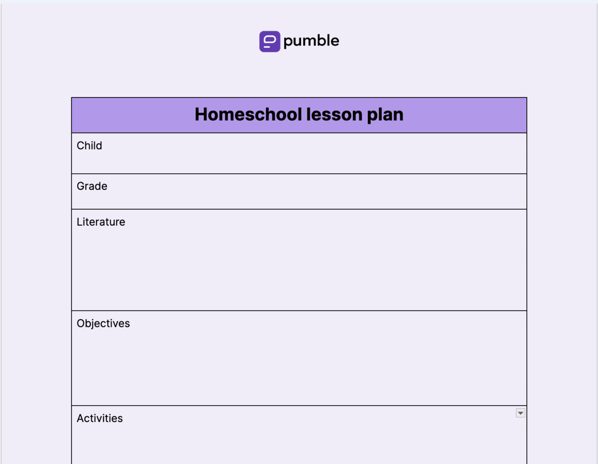 Homeschool lesson plan template