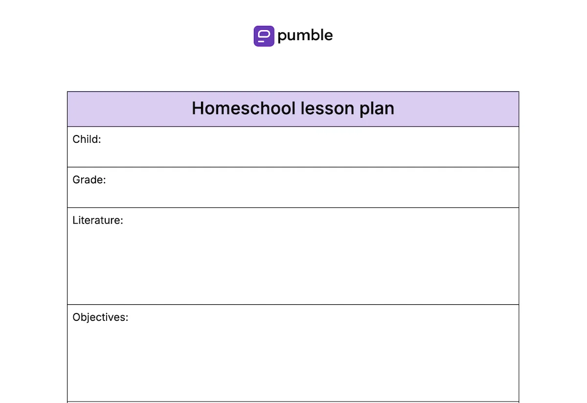 Homeschool lesson plan template