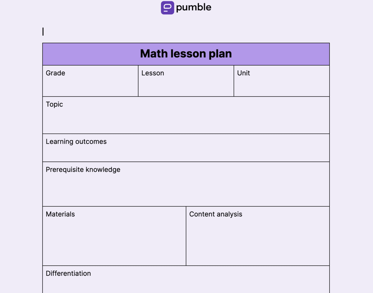 Math lesson plan template