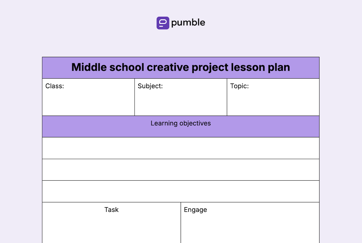 Middle school creative project lesson plan template