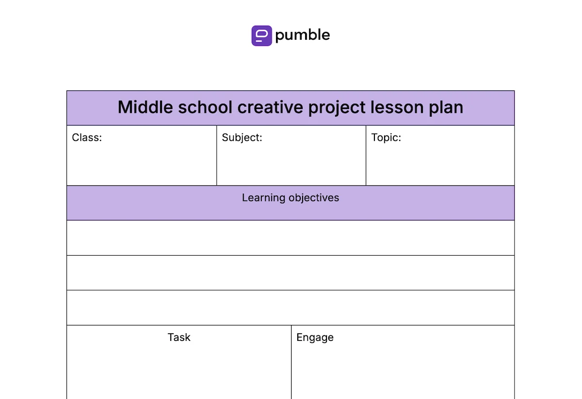 Middle school creative project lesson plan template