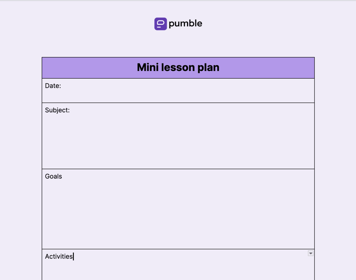 Mini lesson plan template