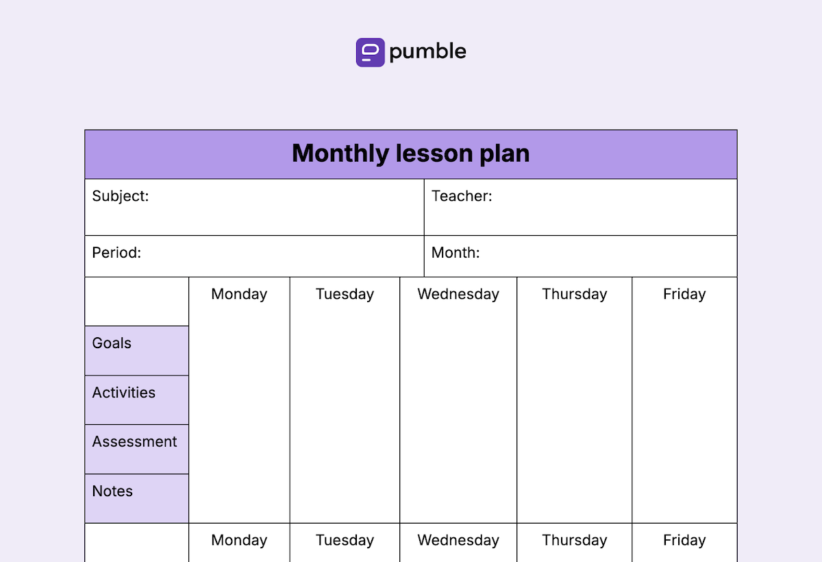 Monthly lesson plan template