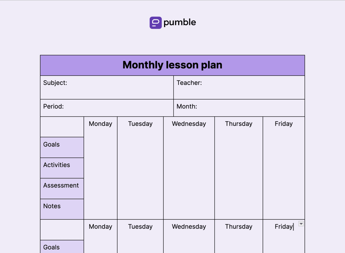 Monthly lesson plan template