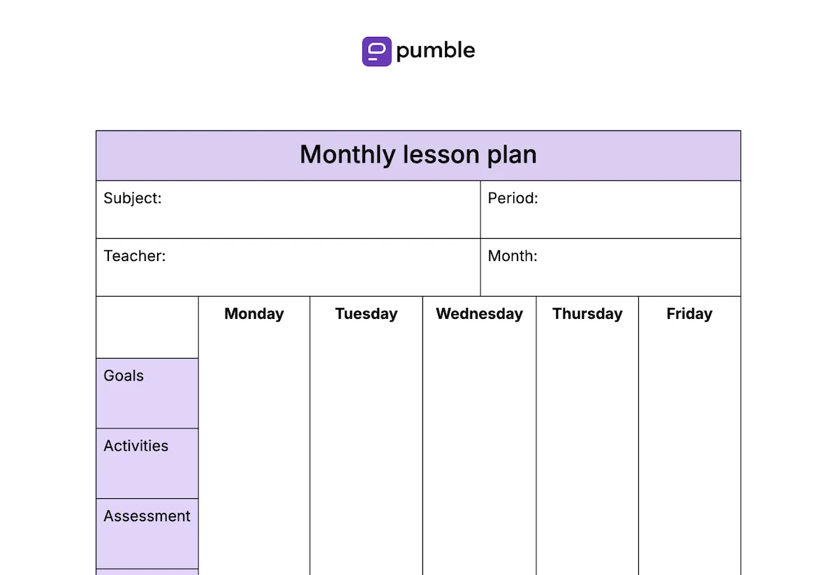 Monthly lesson plan template