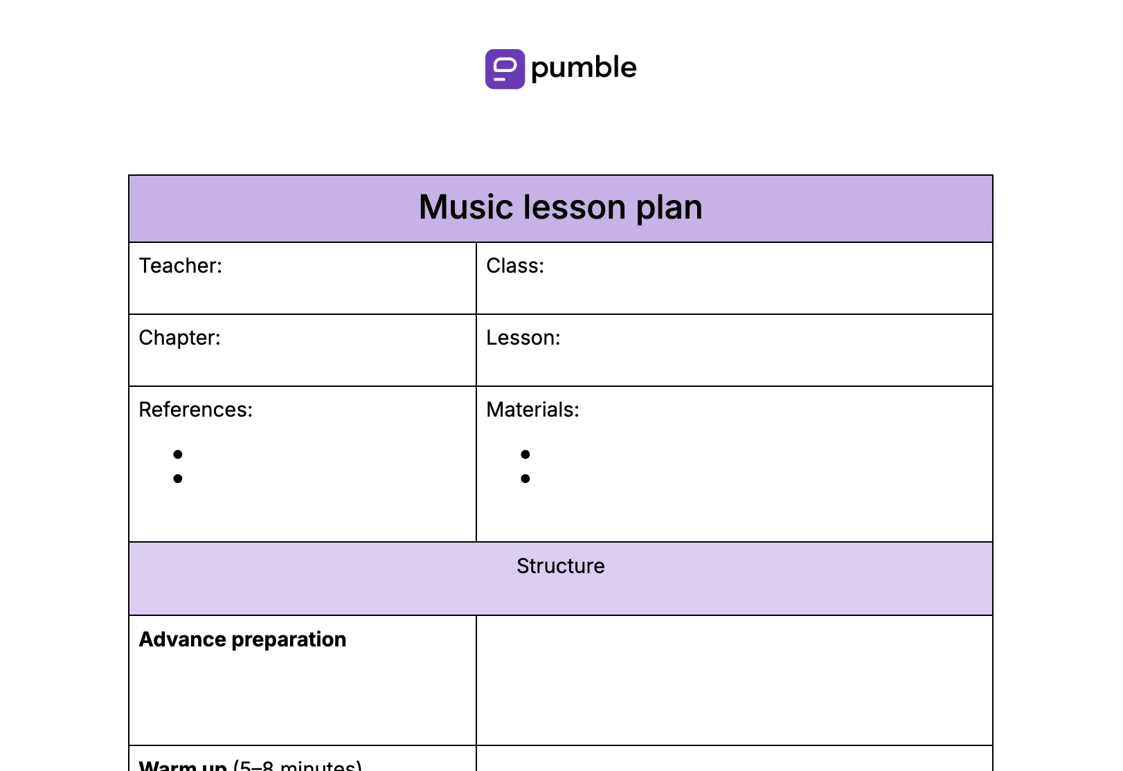 Music lesson plan template