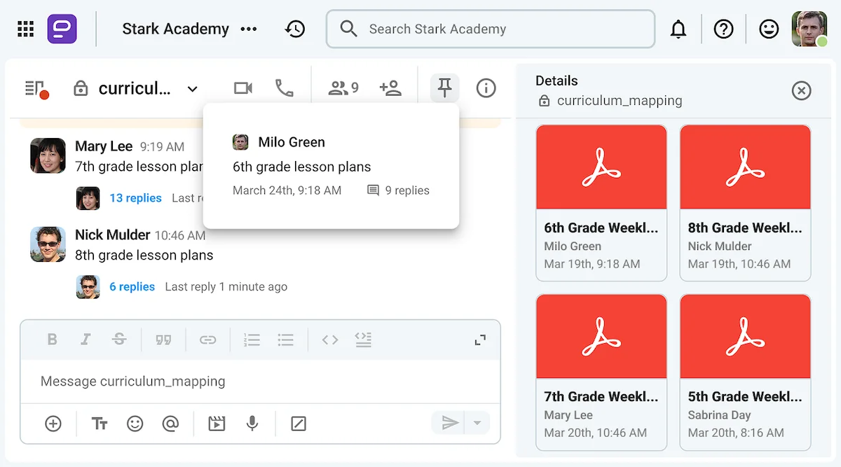 Organize your lesson plans by year or by subject in a designated channel on Pumble