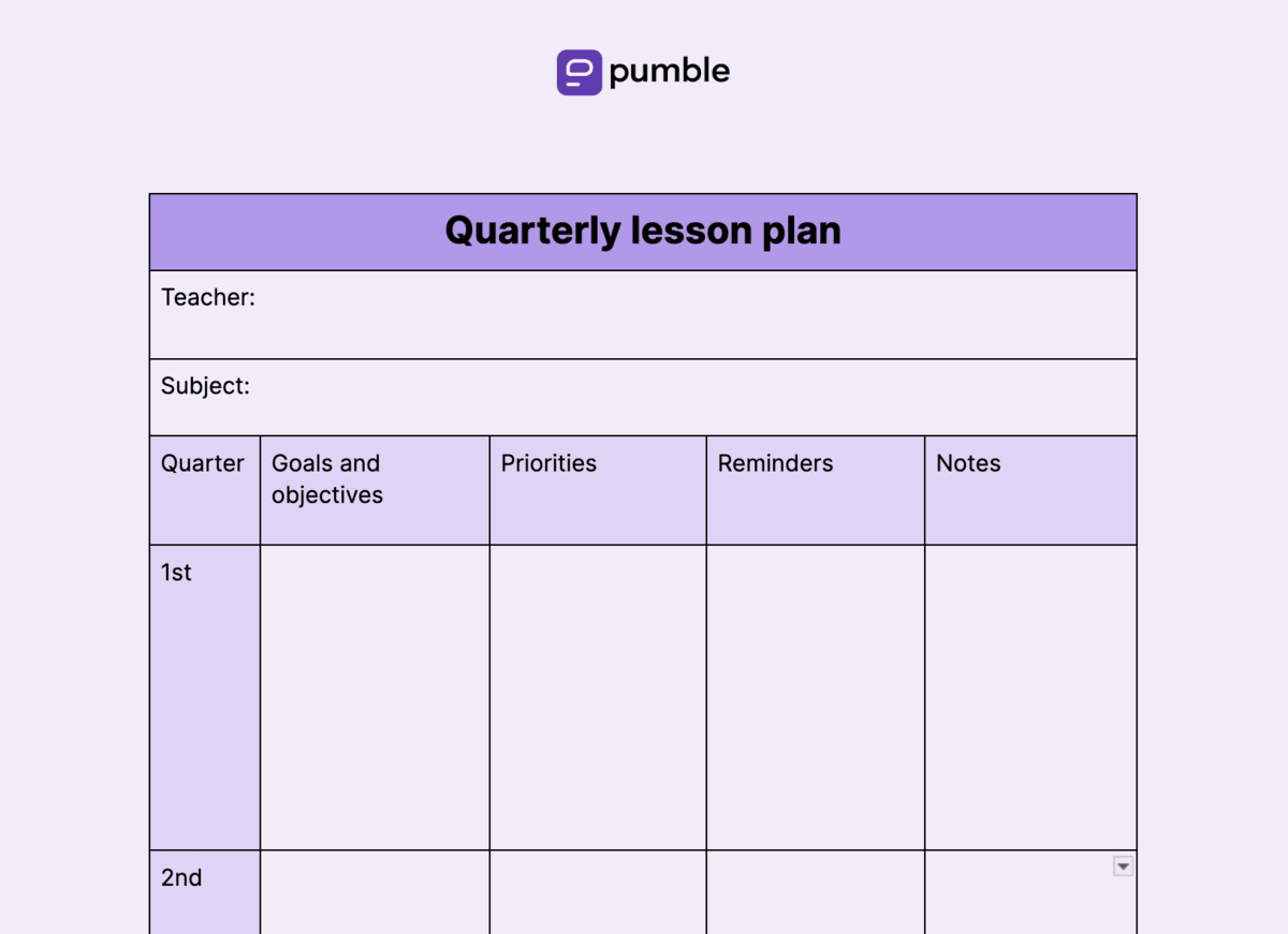 Quarterly lesson plan template
