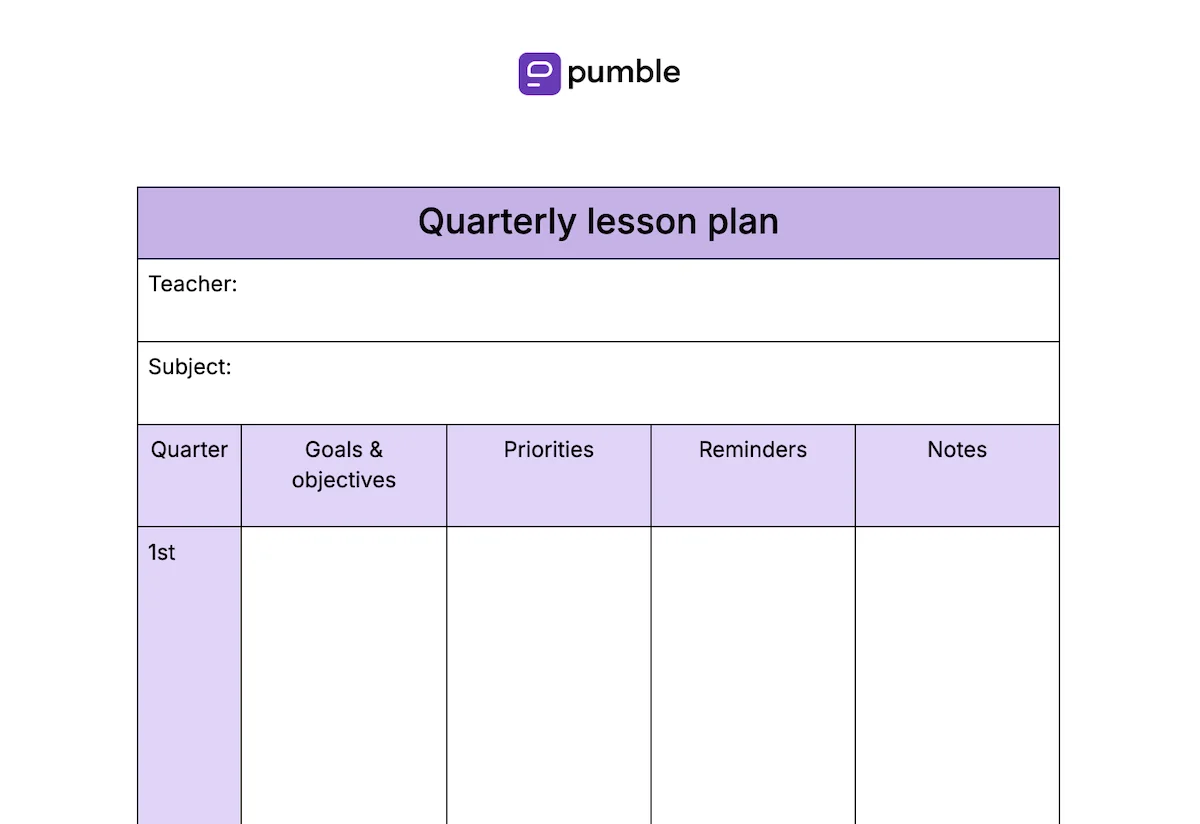 Quarterly lesson plan template