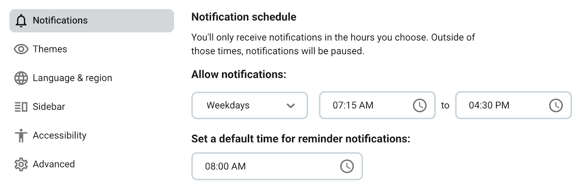 Setting a notification schedule on Pumble, the team communication app