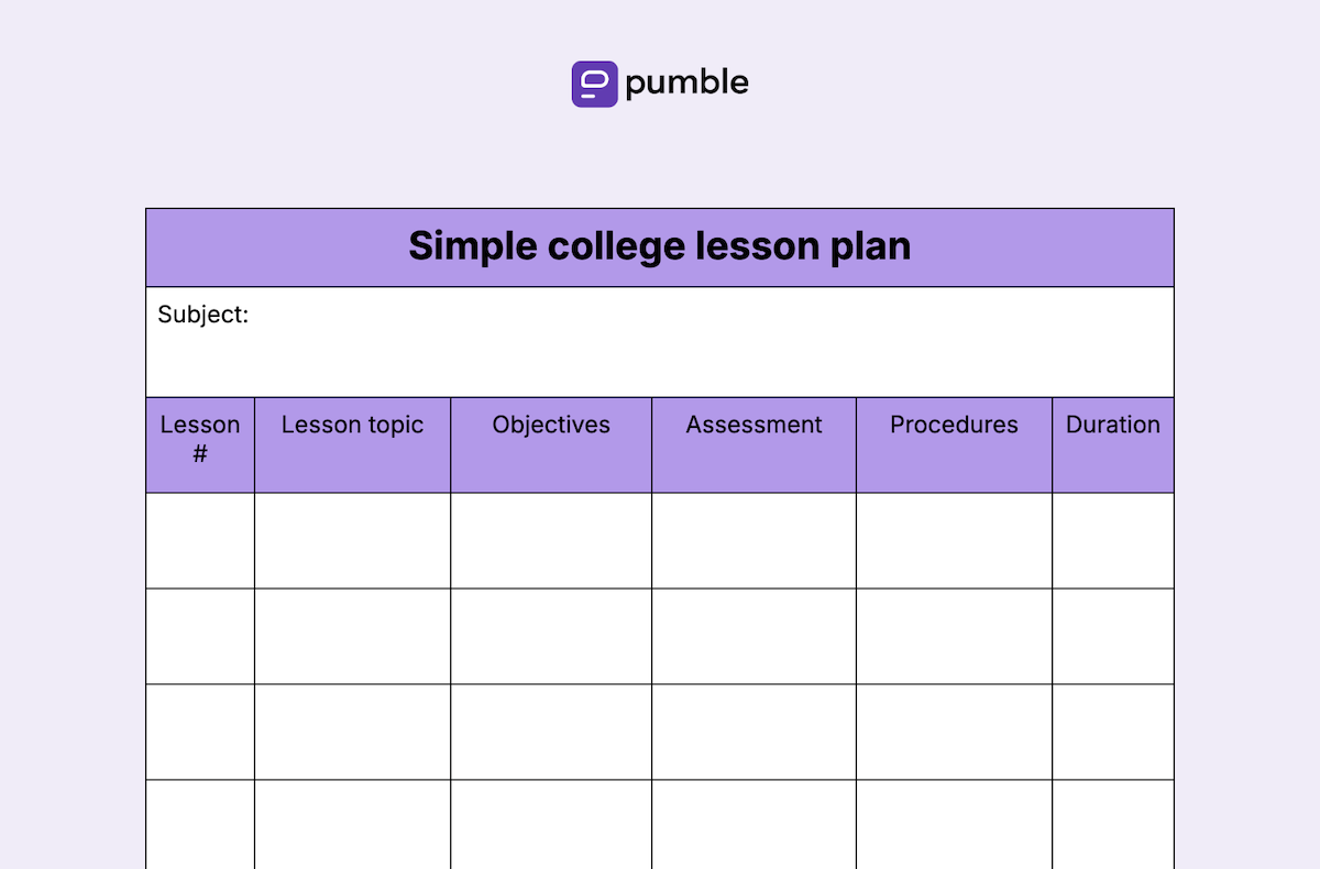 Simple college lesson plan template