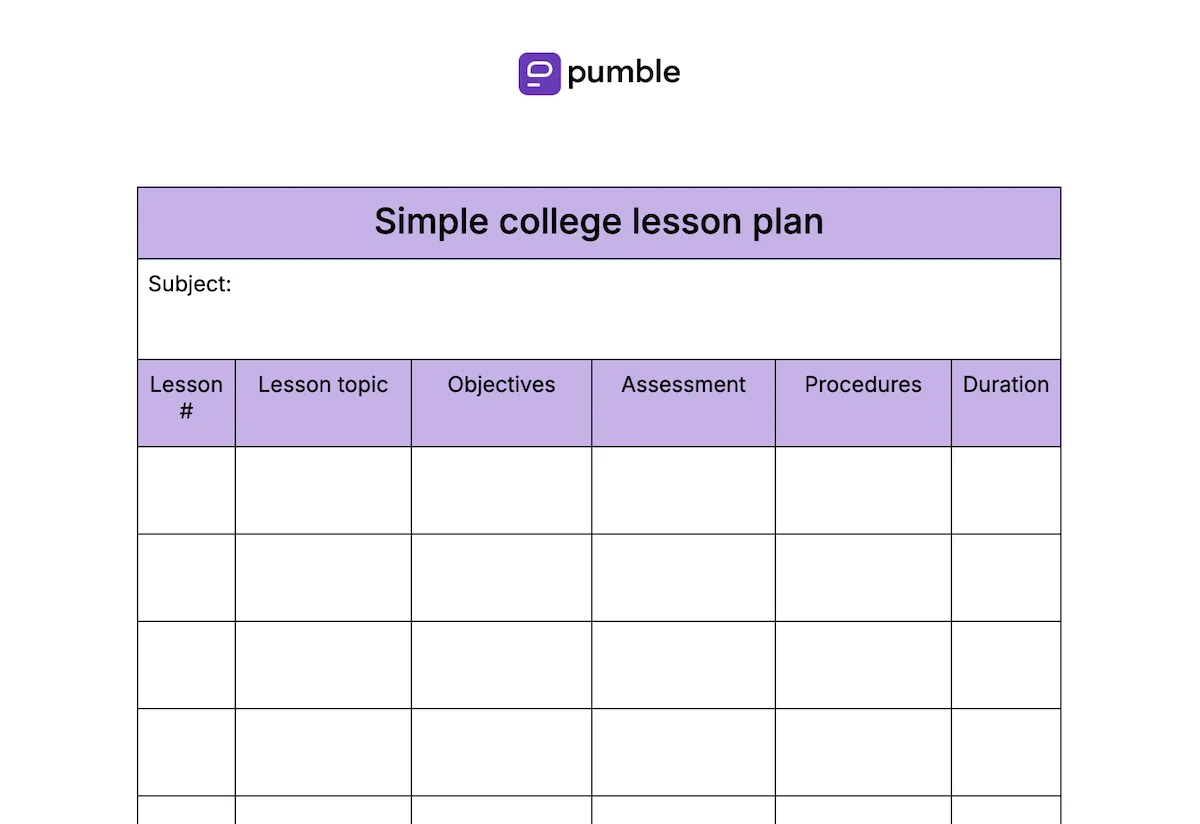 Simple college lesson plan template