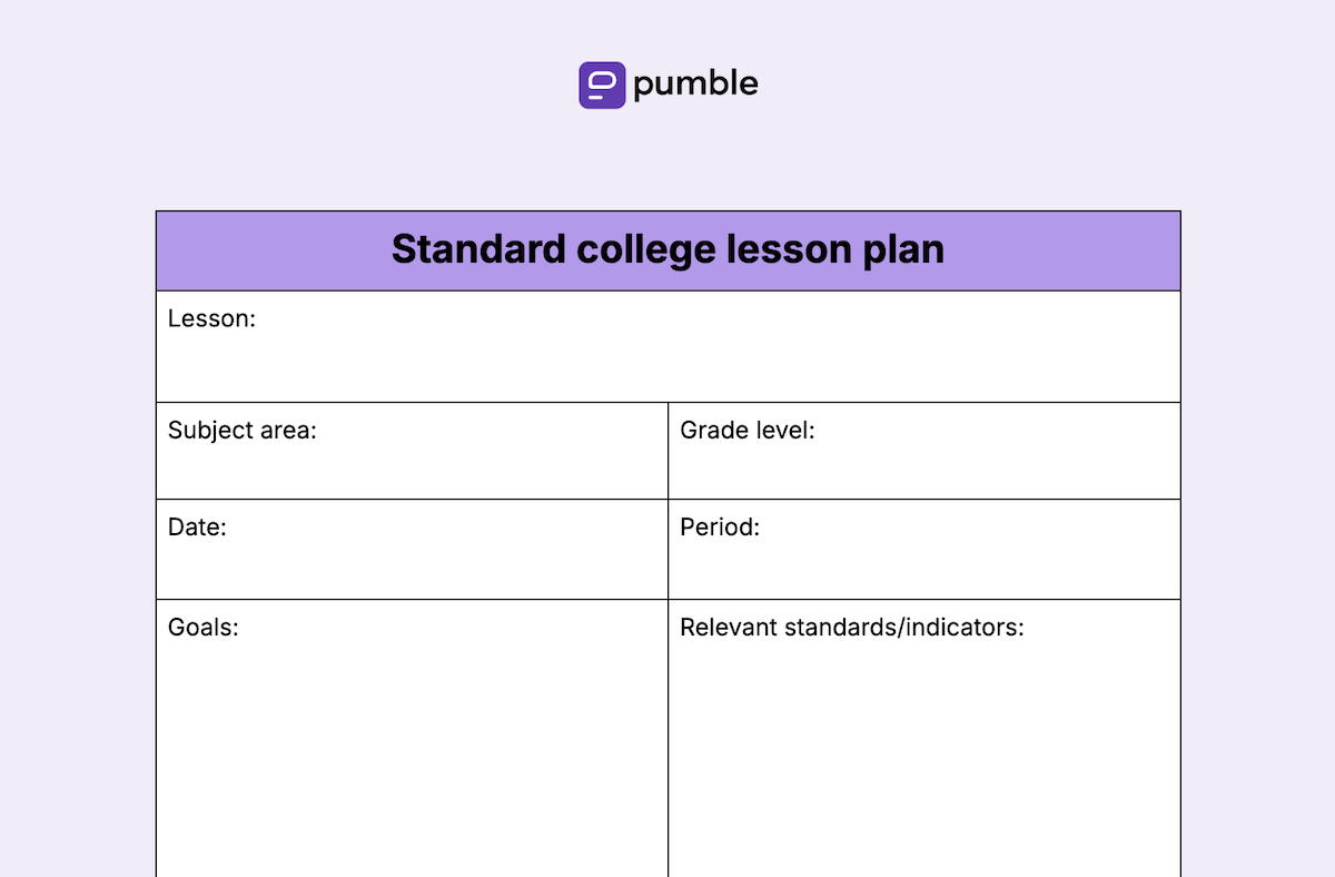 Standard college lesson plan template