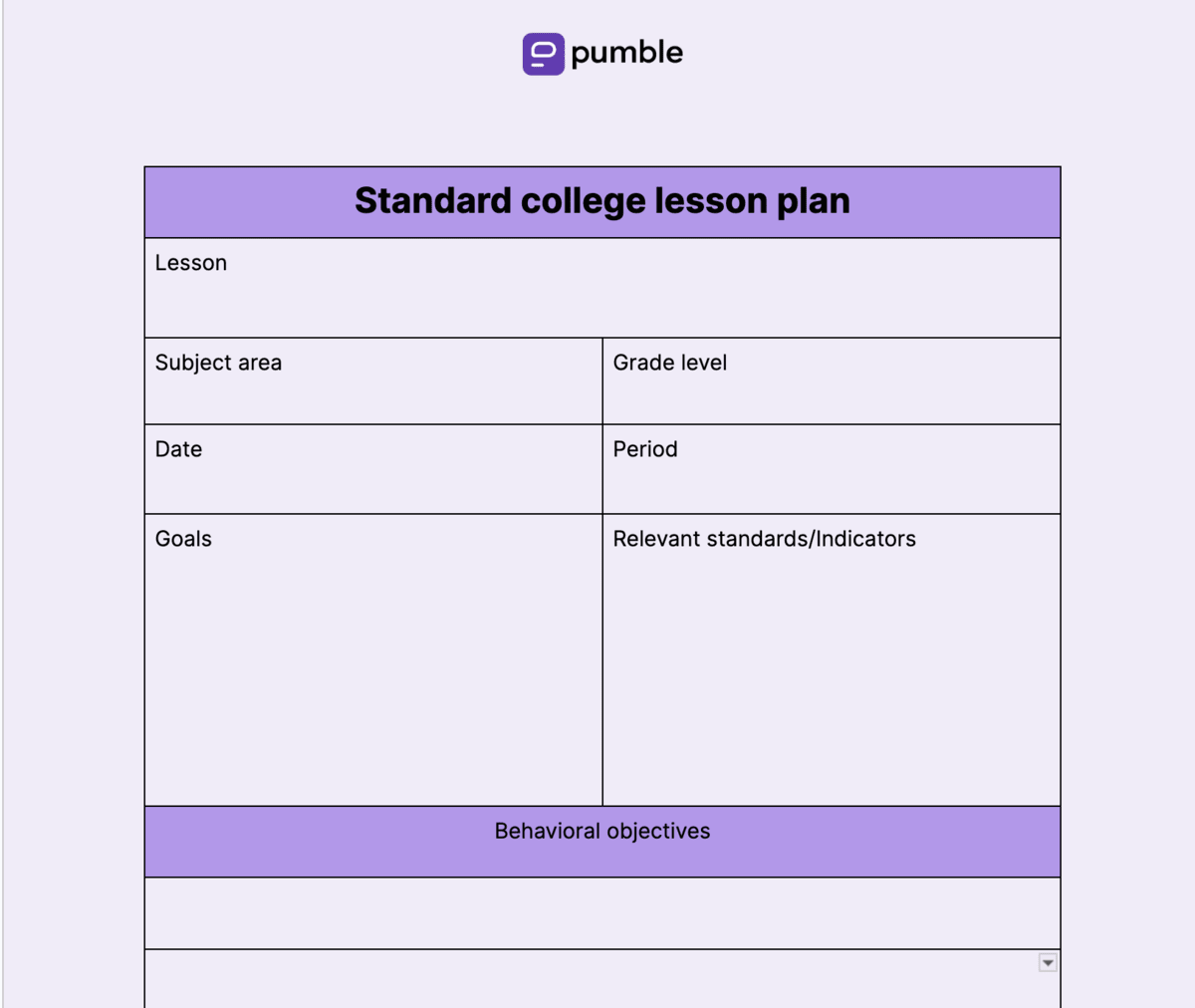 Standard college lesson plan template