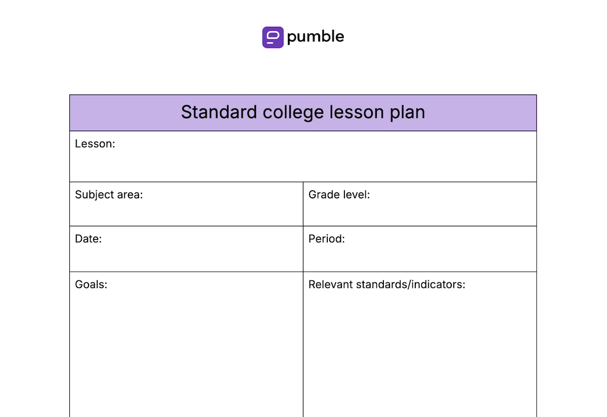 Standard college lesson plan template