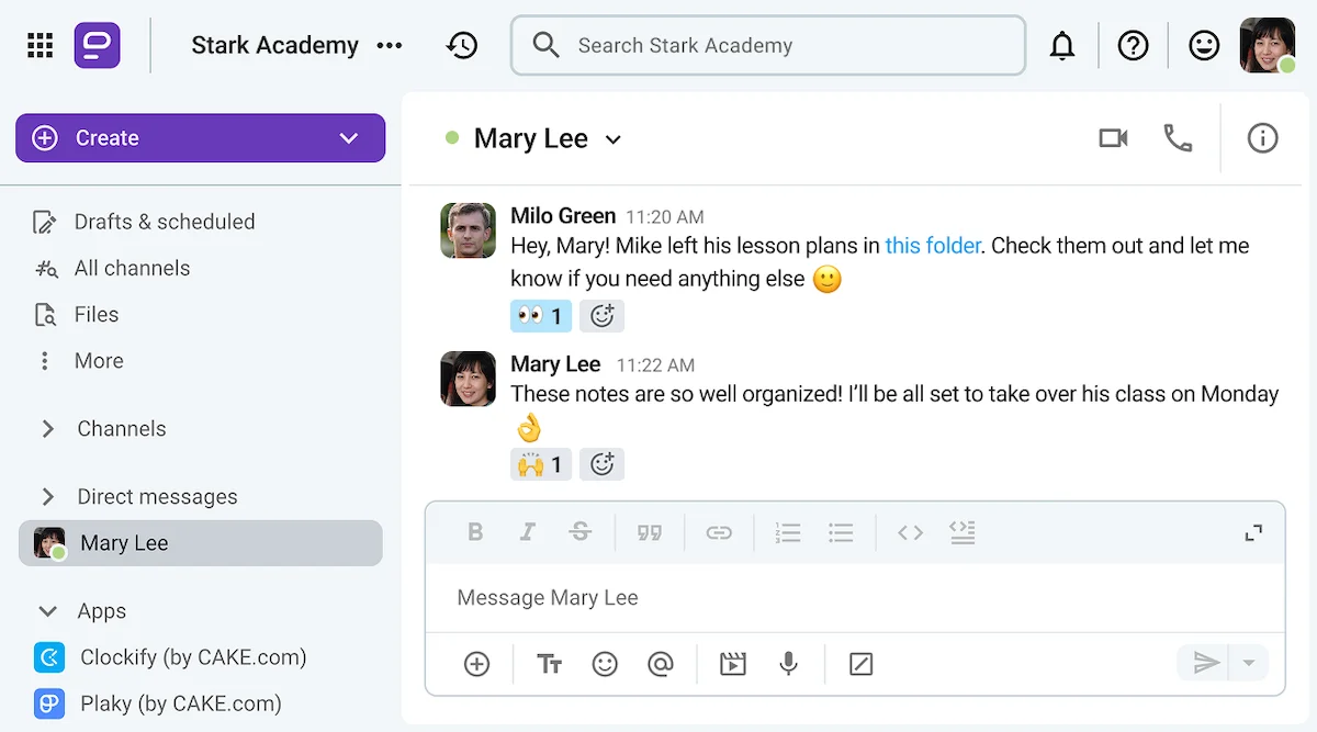 The new teacher praises her predecessor’s effective lesson planning on Pumble, the team communication app