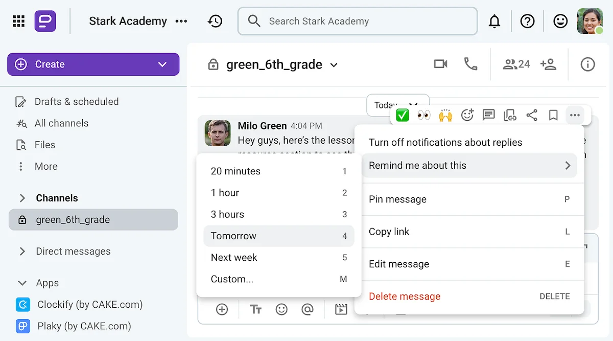 The reminder feature on Pumble, the team communication app