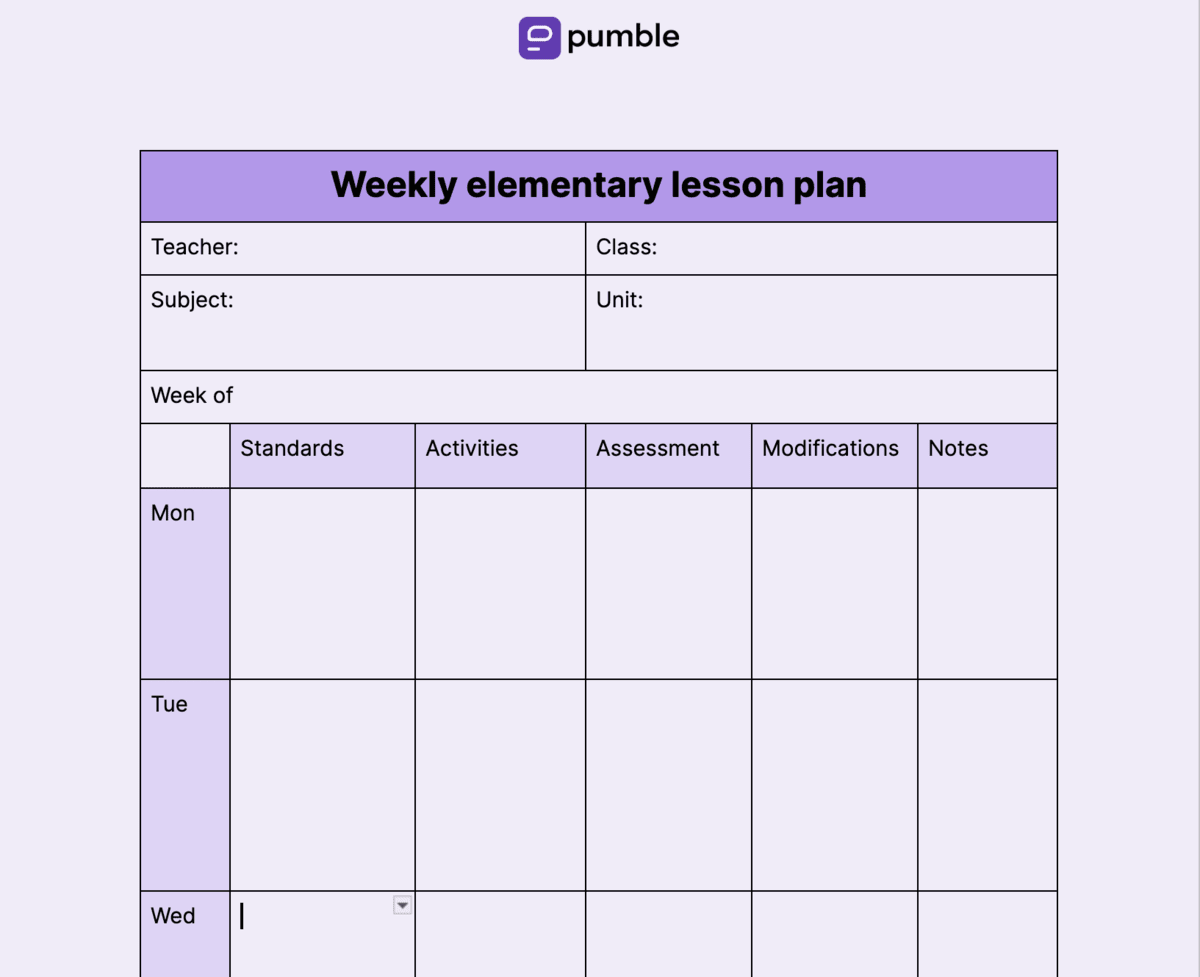Weekly elementary lesson plan template