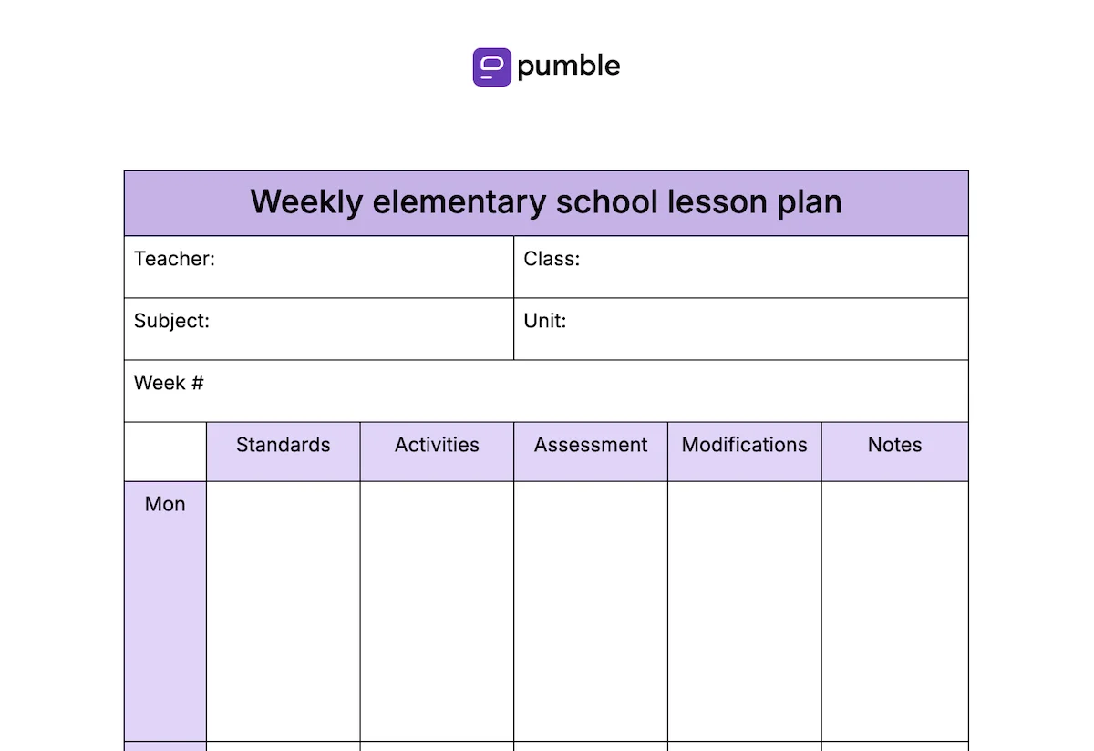 Weekly elementary school lesson plan template