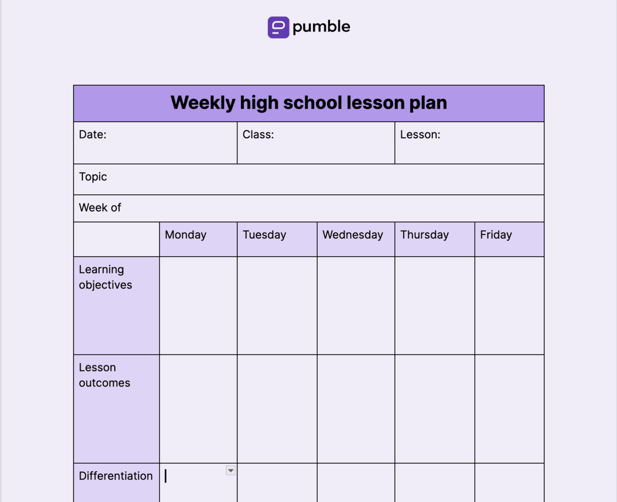 Weekly high school lesson plan template