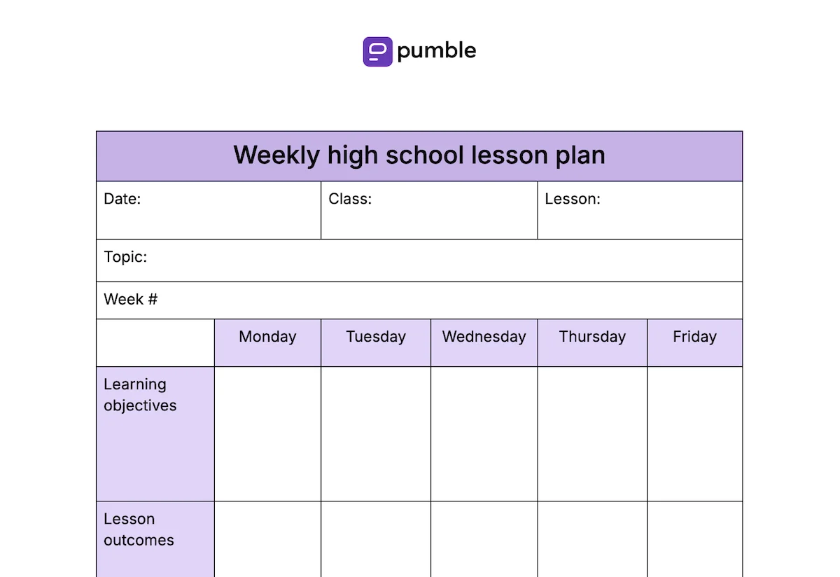 Weekly high school lesson plan template