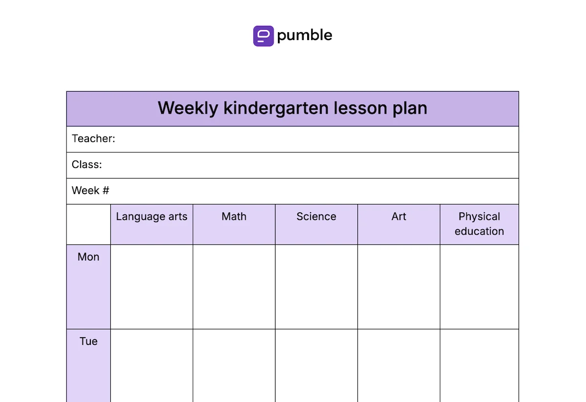 Plantilla de plan de clase semanal de escuela infantil