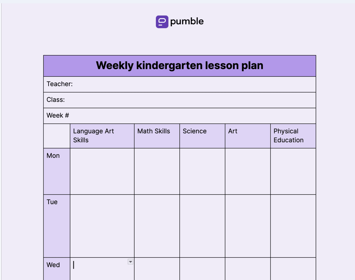 Weekly kindergarten lesson plan template