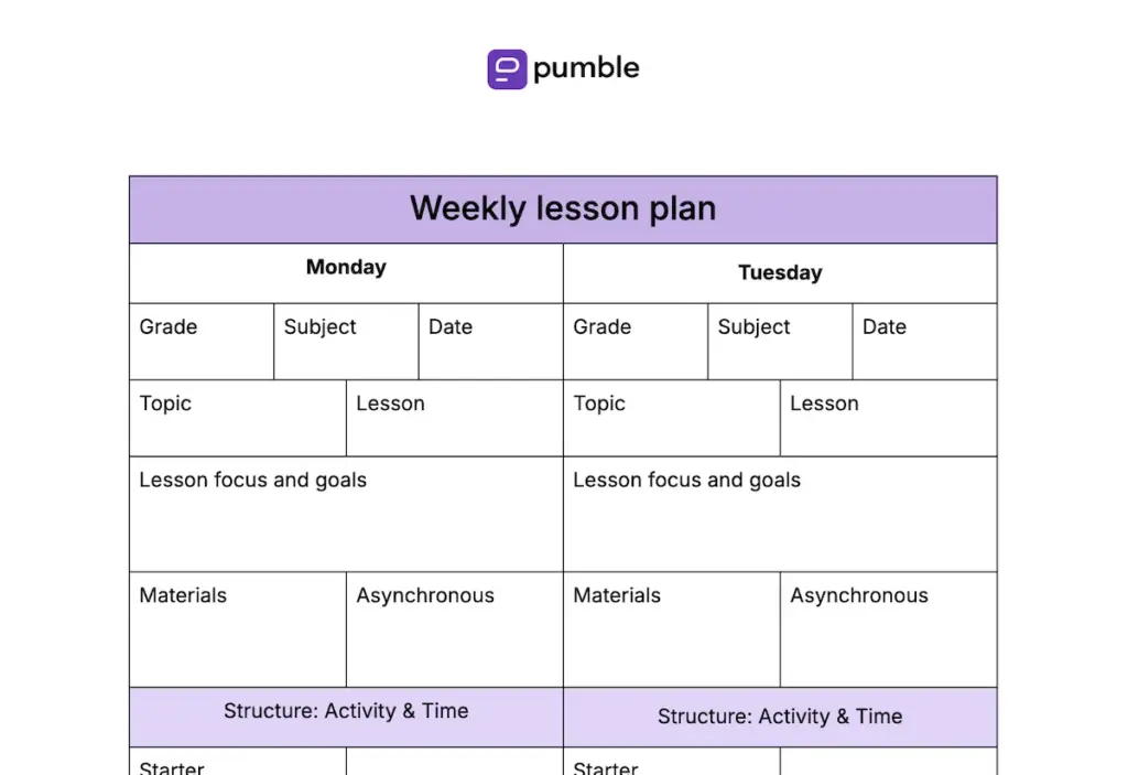 Weekly lesson plan template