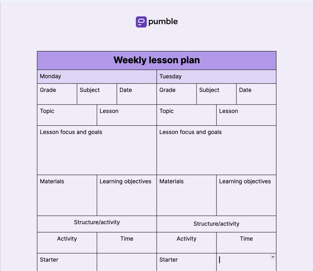 Weekly lesson plan template