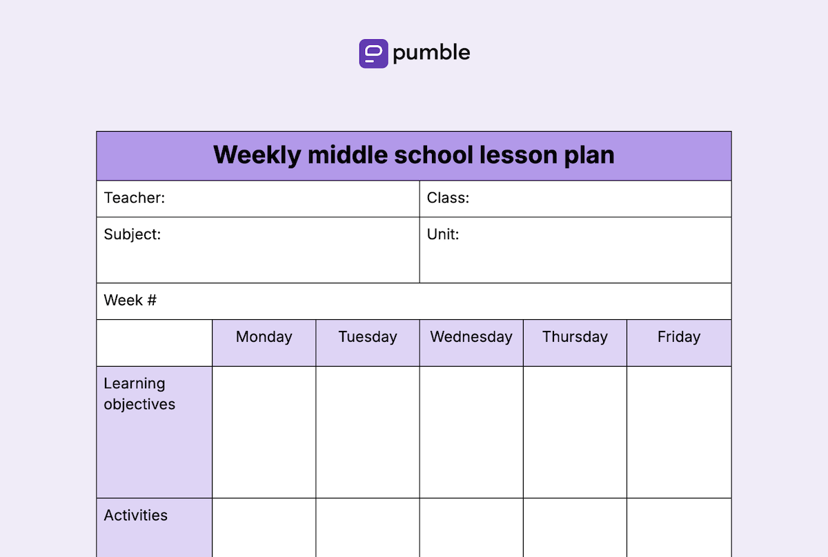 Weekly middle school lesson plan template