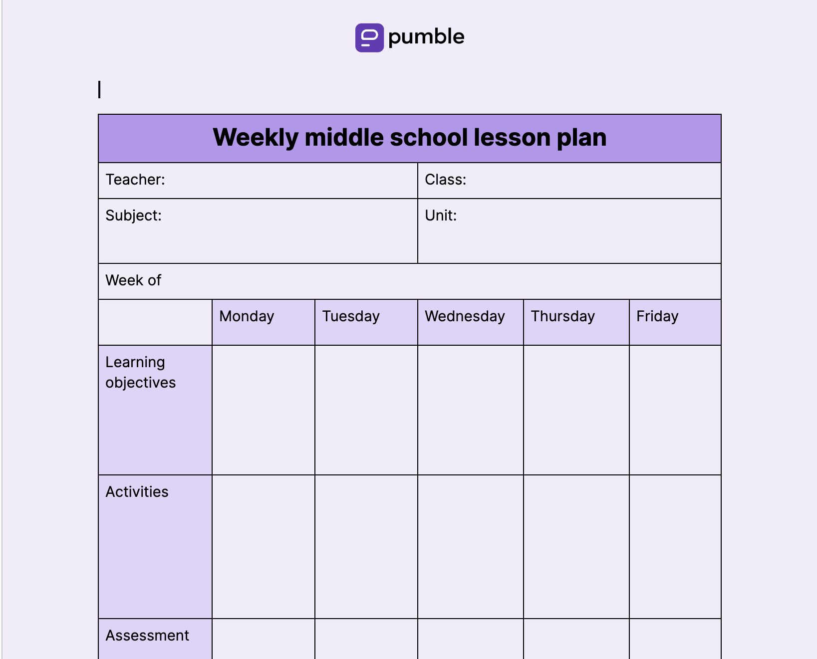 Weekly middle school lesson plan template
