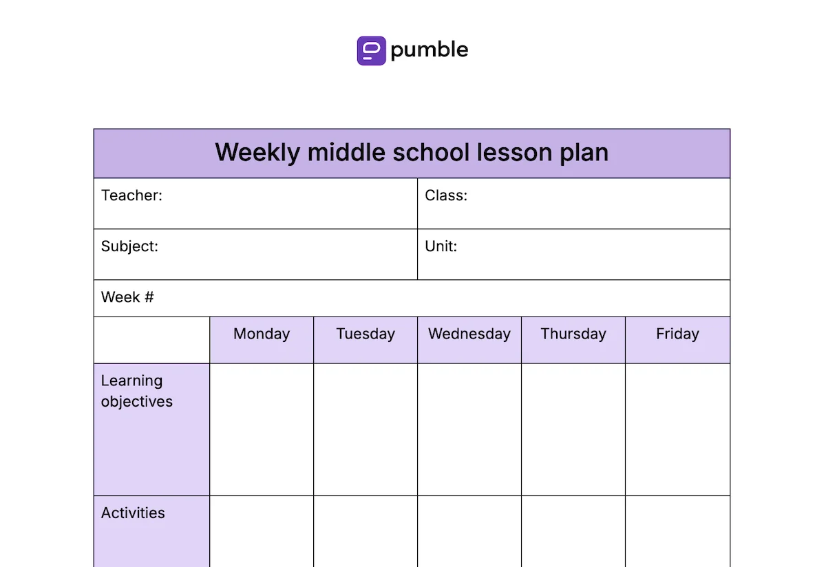 Weekly middle school lesson plan template