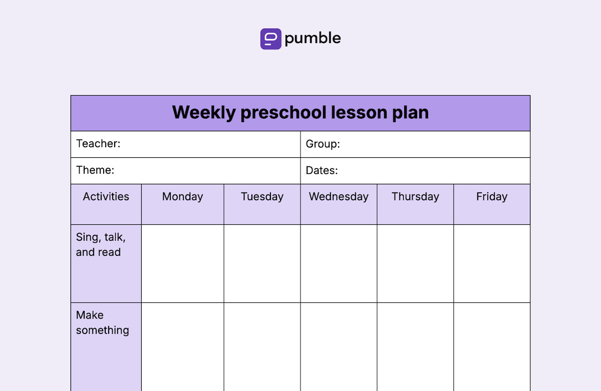 Weekly preschool lesson plan template