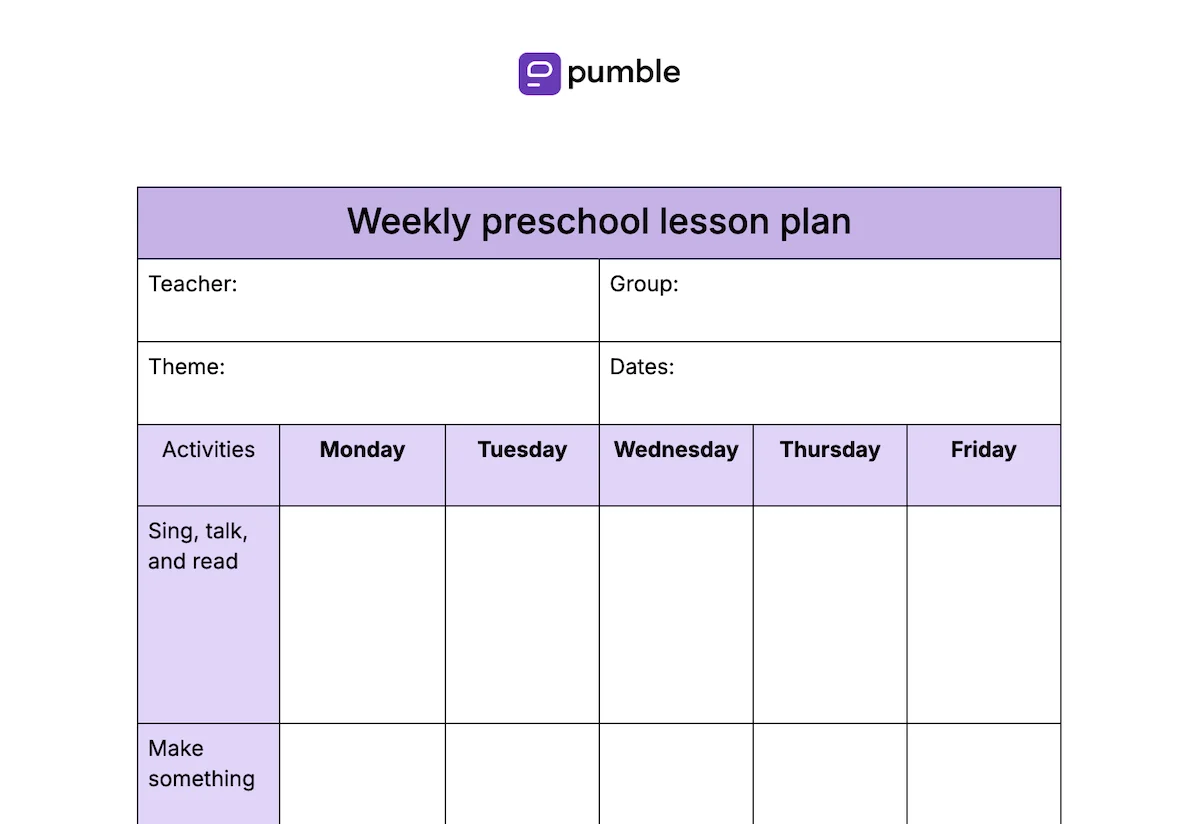 Weekly preschool lesson plan template