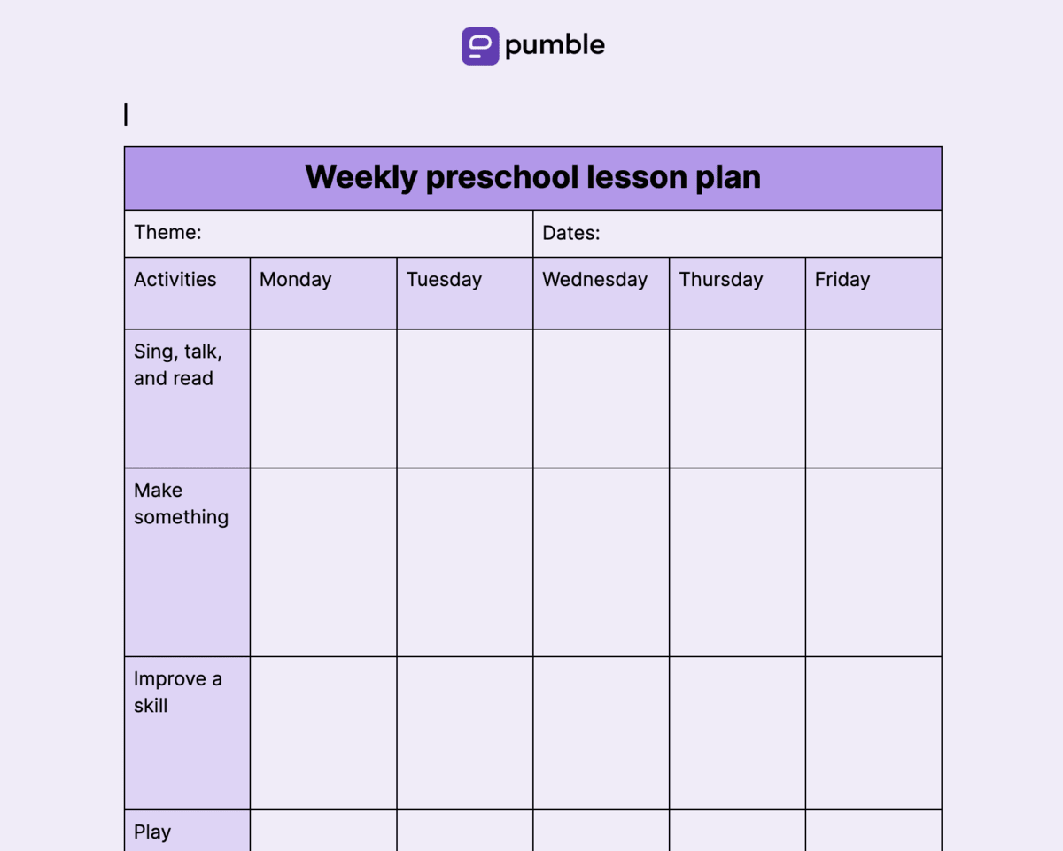 Weekly preschool lesson plan