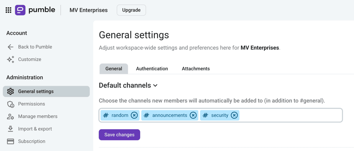 Setting up default channels in Pumble