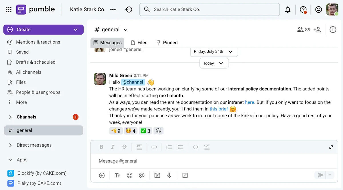 A policy rollout using the Lasswell communication model on Pumble, the business messaging app