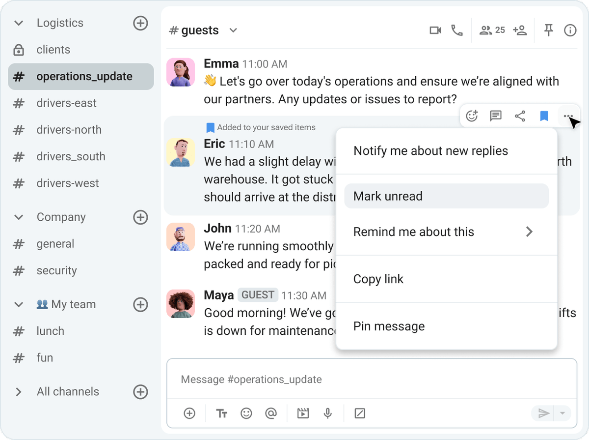 Pin or save a message easily by selecting the option from the dropdown menu in the upper right corner