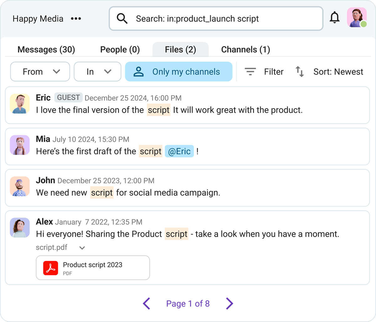 Search through messages and files on Pumble