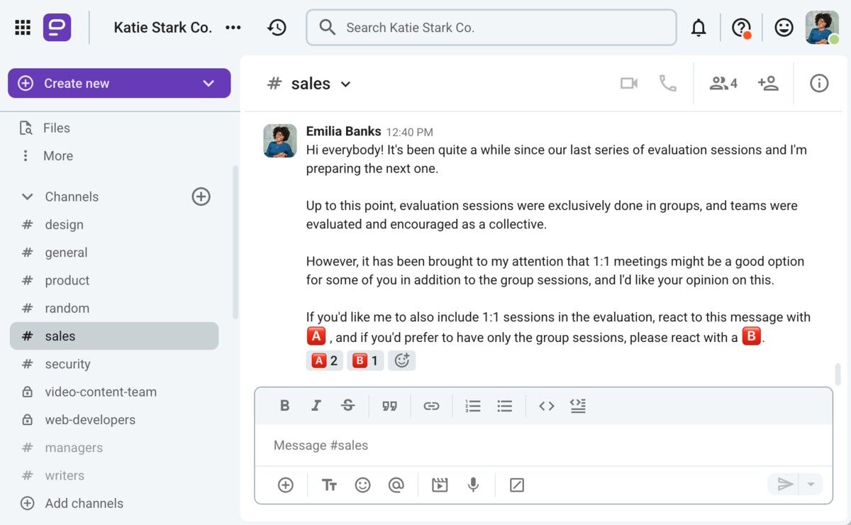 Emilia uses Pumble, a business communication tool, to build feedback loops by giving her team options