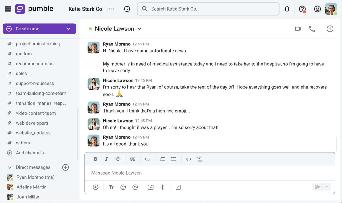 An example of how people from different backgrounds may interpret emojis in Pumble, a team communication app