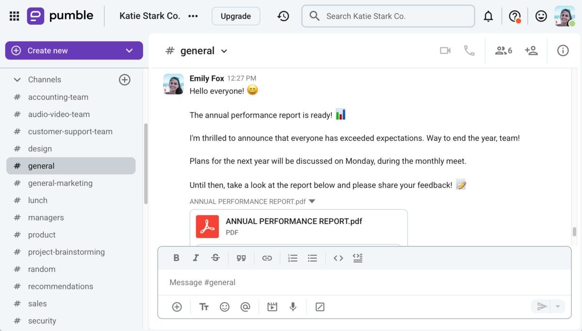 Sharing a report via Pumble, a team communication platform