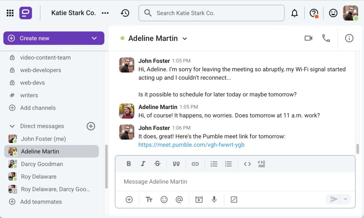 Technical difficulties can also act as noise, as shown in this exchange in Pumble, a business communication app