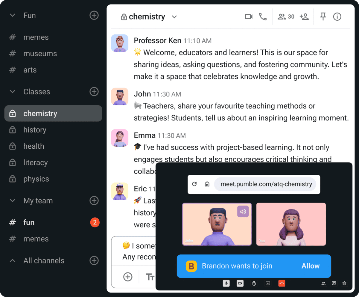 Communicate in channels and host video calls via Pumble