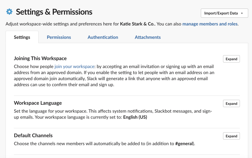 Settings and Permissions in Slack